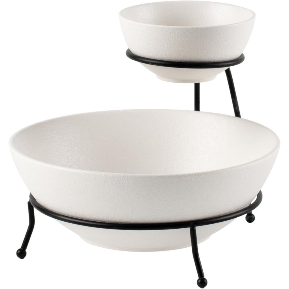 Bone China Shallow Porcelain Chip & Dip Bowl Set with Black Stand Rack - 12cm and 24cm