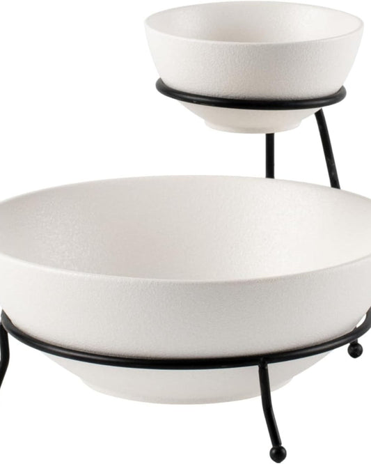 طقم أوعية رقائق البطاطس والغمس من البورسلين الصيني العظمي مع حامل أسود - 12 سم و24 سم