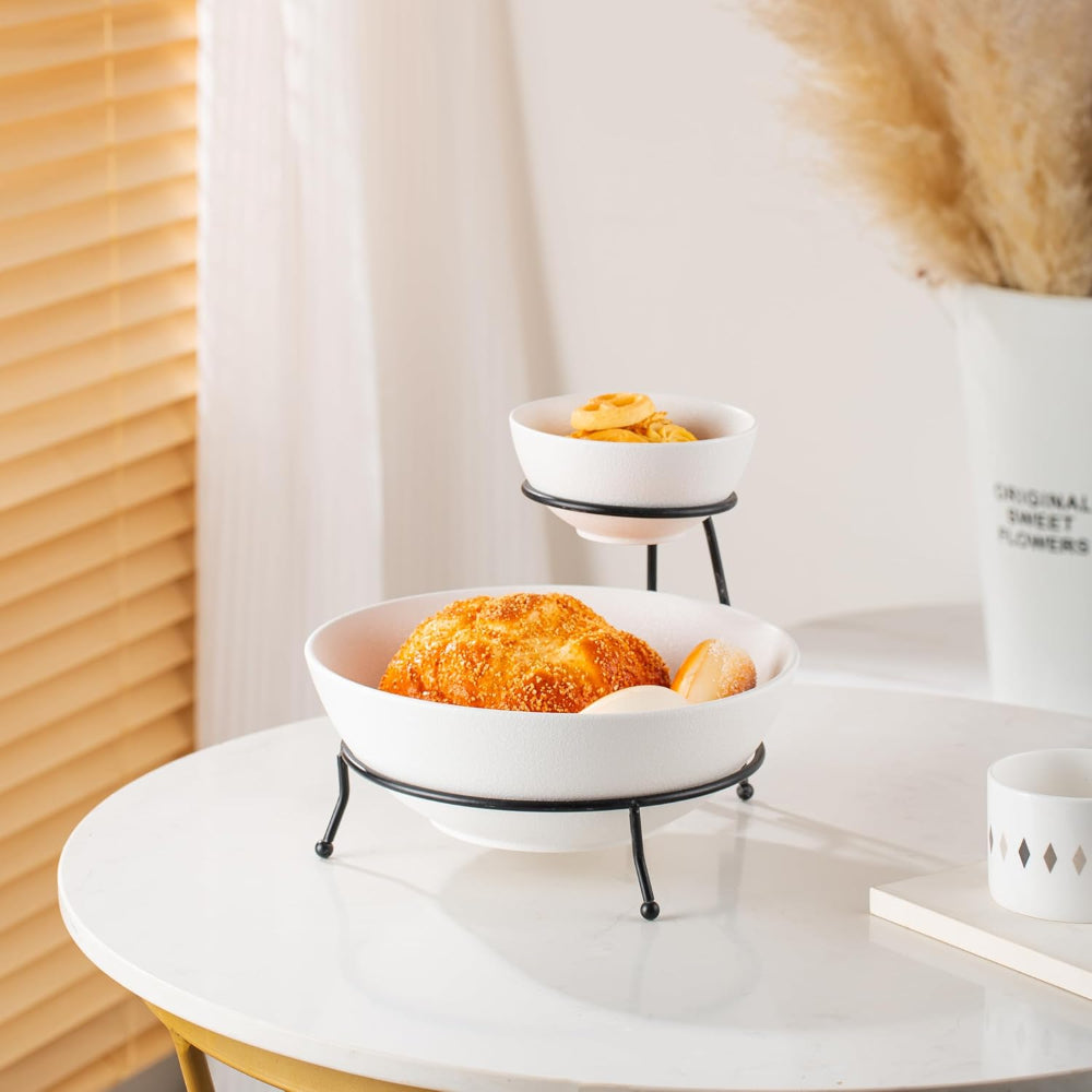 طقم أوعية رقائق البطاطس والغمس من البورسلين الصيني العظمي مع حامل أسود - 12 سم و24 سم