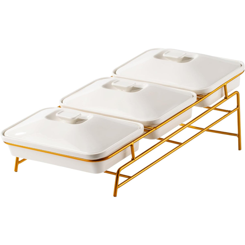 Shallow Porcelain 3-Tier Casserole Set with Gold Stand Rack - 30cm x 3
