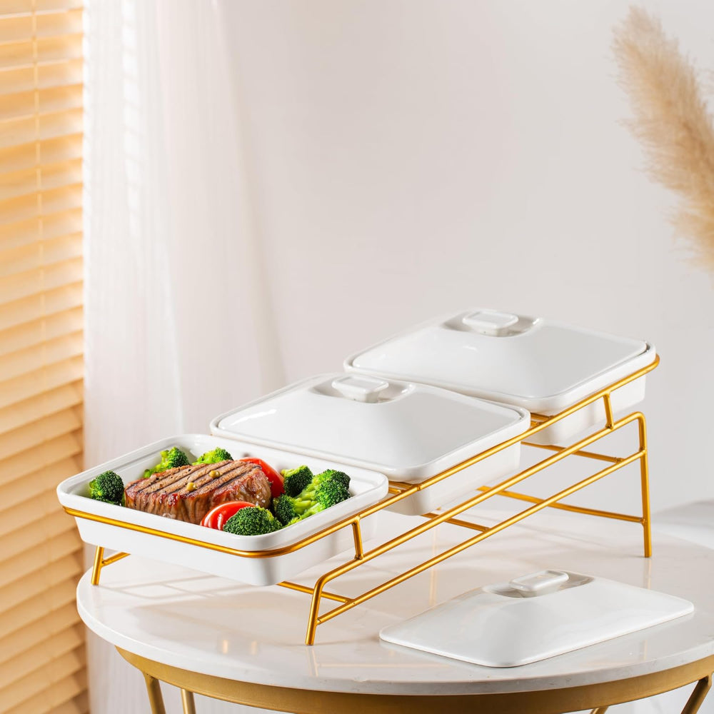 طقم طاجن من البورسلين الضحل بثلاث طبقات مع حامل ذهبي - 30 سم × 3