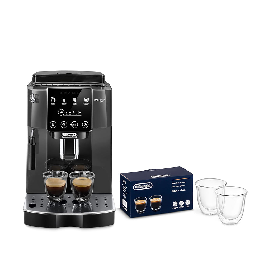 DELONGHI MAGNIFICA START COFFEE MACHINE BLACK ECAM220.22.GB +DELONGHI 2 PIECE ESPRESSO GLASSES CLEAR DLSC310