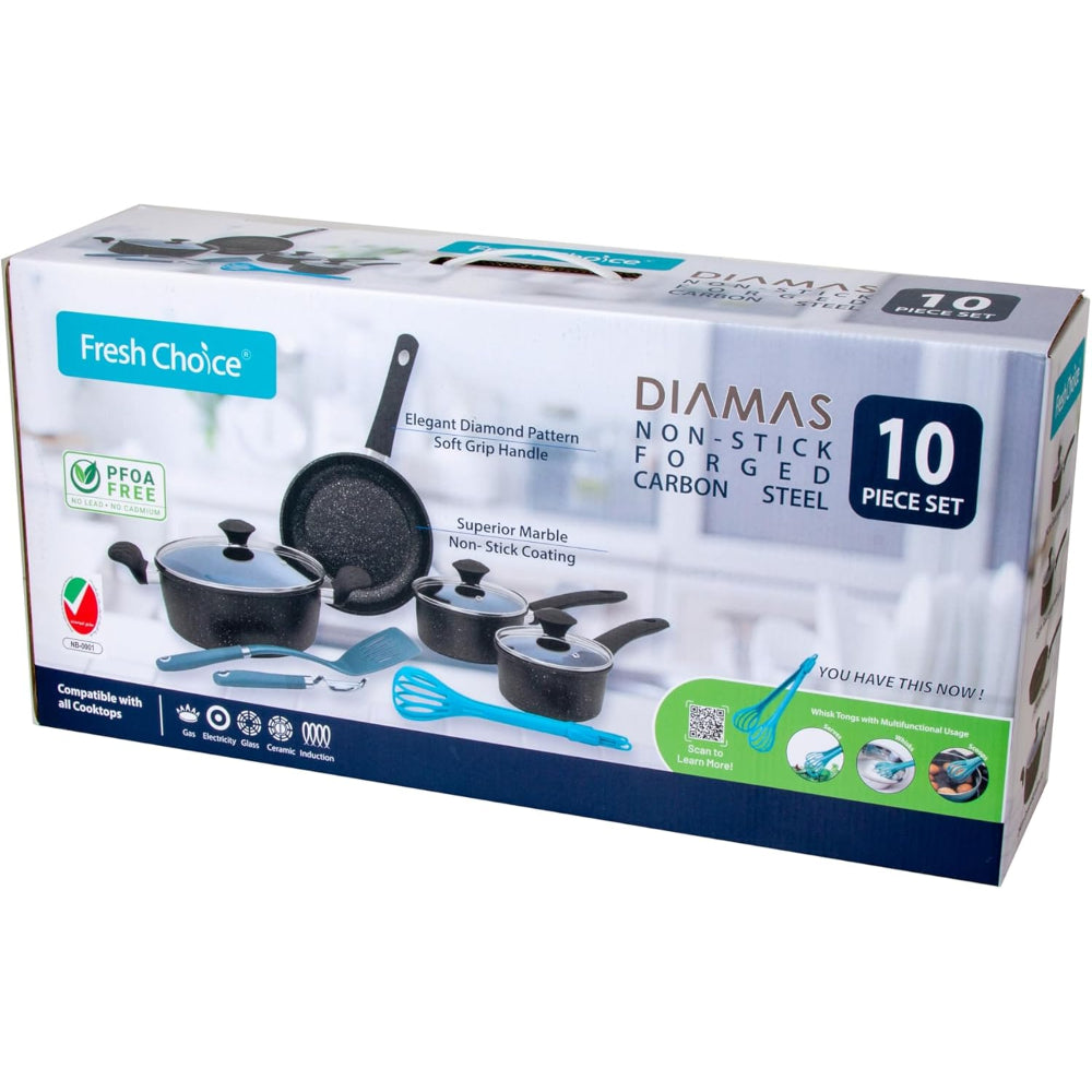 مجموعة أواني طهي دياماس المصنوعة من الفولاذ الكربوني غير اللاصق والمكونة من 10 قطع - فريش تشويس
