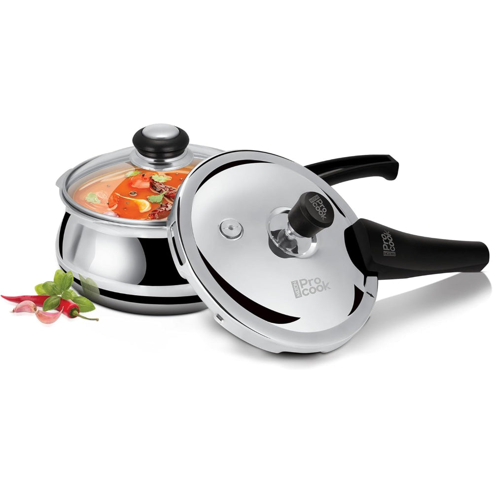 Milton Pro Cook Triply Stainless Steel Induction Curve Pressure Cooker with Outer & Glass Lid, 3.5 Litres, Silver | Gasket Release System Food Safe | Induction | Hot Plate | Flame Safe
