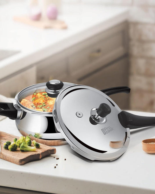 طنجرة ضغط ميلتون برو كوك تريبلي، مصنوعة من الفولاذ المقاوم للصدأ، تعمل بالحث، مع غطاء خارجي وزجاجي، سعة 5.5 لتر، لون فضي | نظام تحرير الحشية، آمنة غذائيًا | تعمل بالحث | صفيحة ساخنة | مقاومة للهب