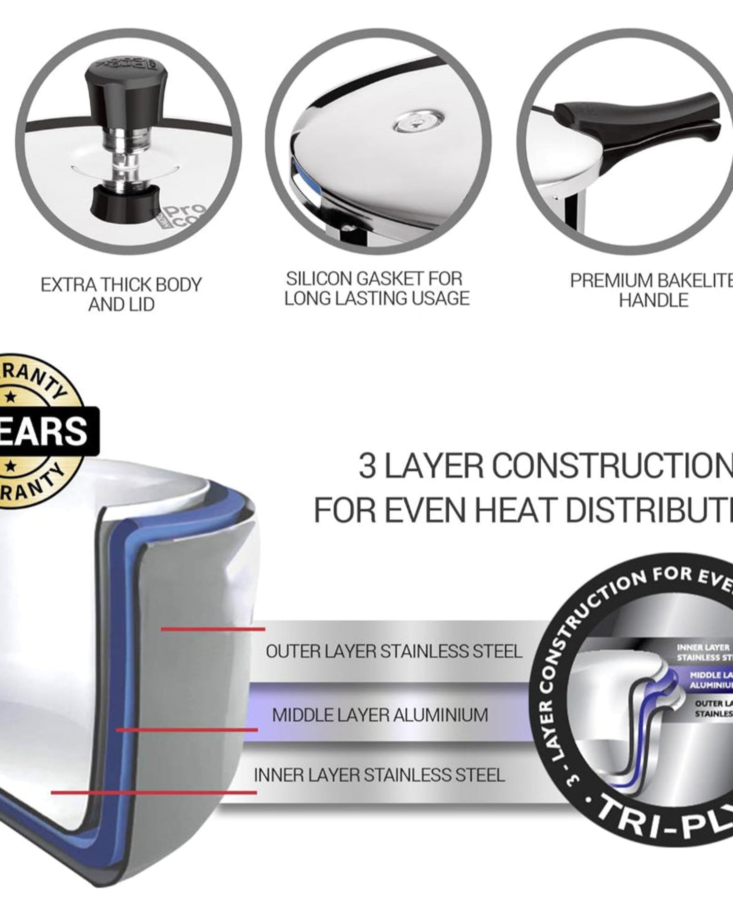 طنجرة ضغط ميلتون برو كوك ثلاثية الطبقات من الفولاذ المقاوم للصدأ بغطاء خارجي، سعة ٣ لترات، لون فضي | آمنة للغسل في غسالة الأطباق | آمنة للطعام | آمنة للطهي بالحث الحراري | آمنة للطهي على الموقد الساخن | آمنة للطهي على اللهب