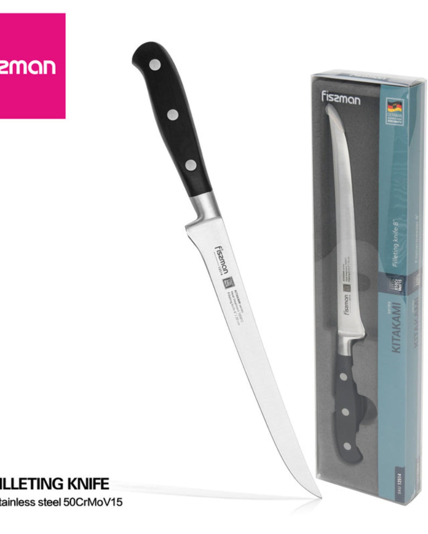 سكين تقطيع السمك فيسمان كيتاكامي، فضي/أسود، 8 بوصة