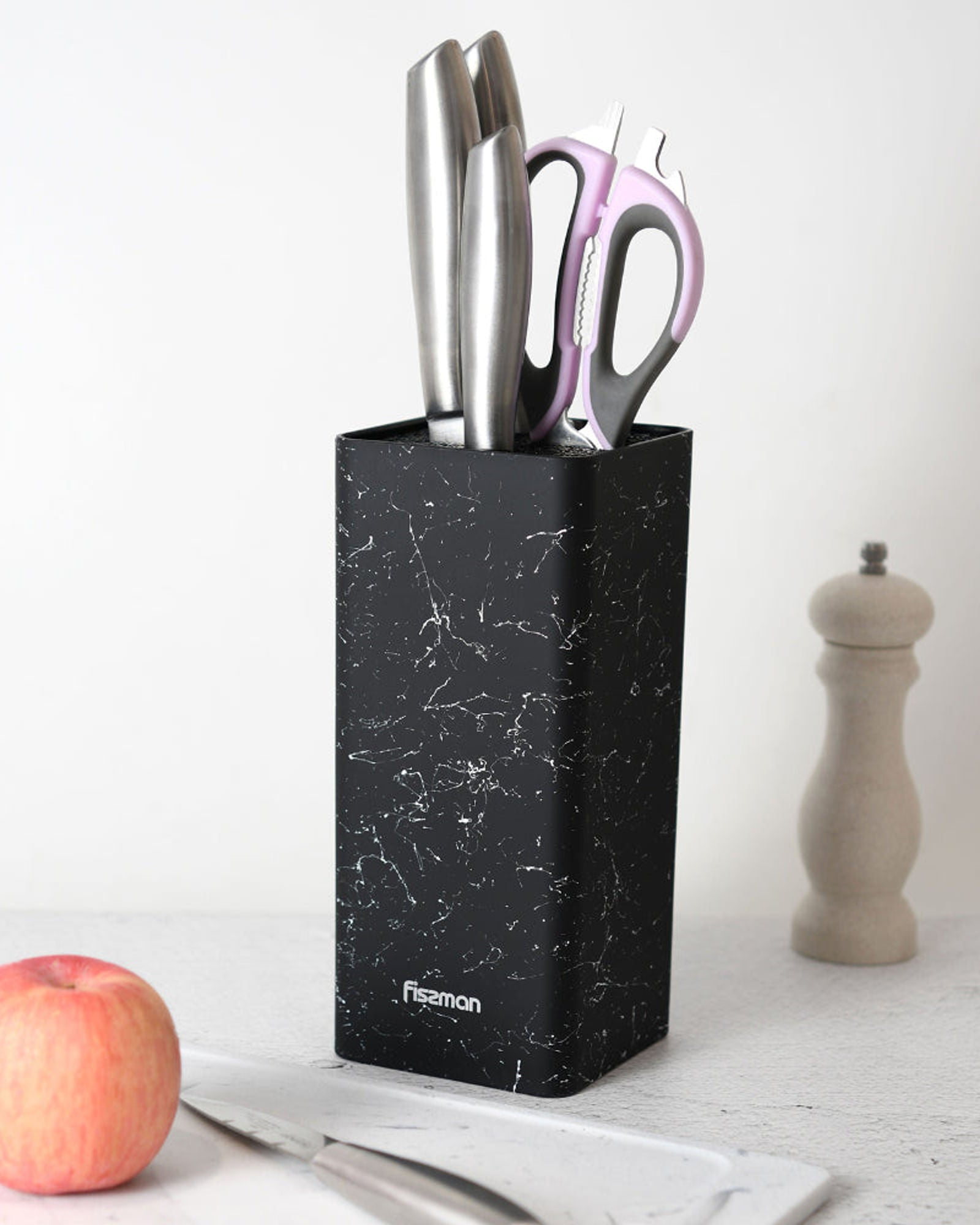 منظم سكاكين المطبخ من فيسمان، مقاس ١٠×١٠×٢٢ سم، شكل مربع، لون رخام أسود (بلاستيك)