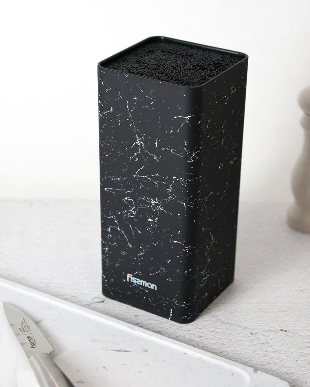 منظم سكاكين المطبخ من فيسمان، مقاس ١٠×١٠×٢٢ سم، شكل مربع، لون رخام أسود (بلاستيك)