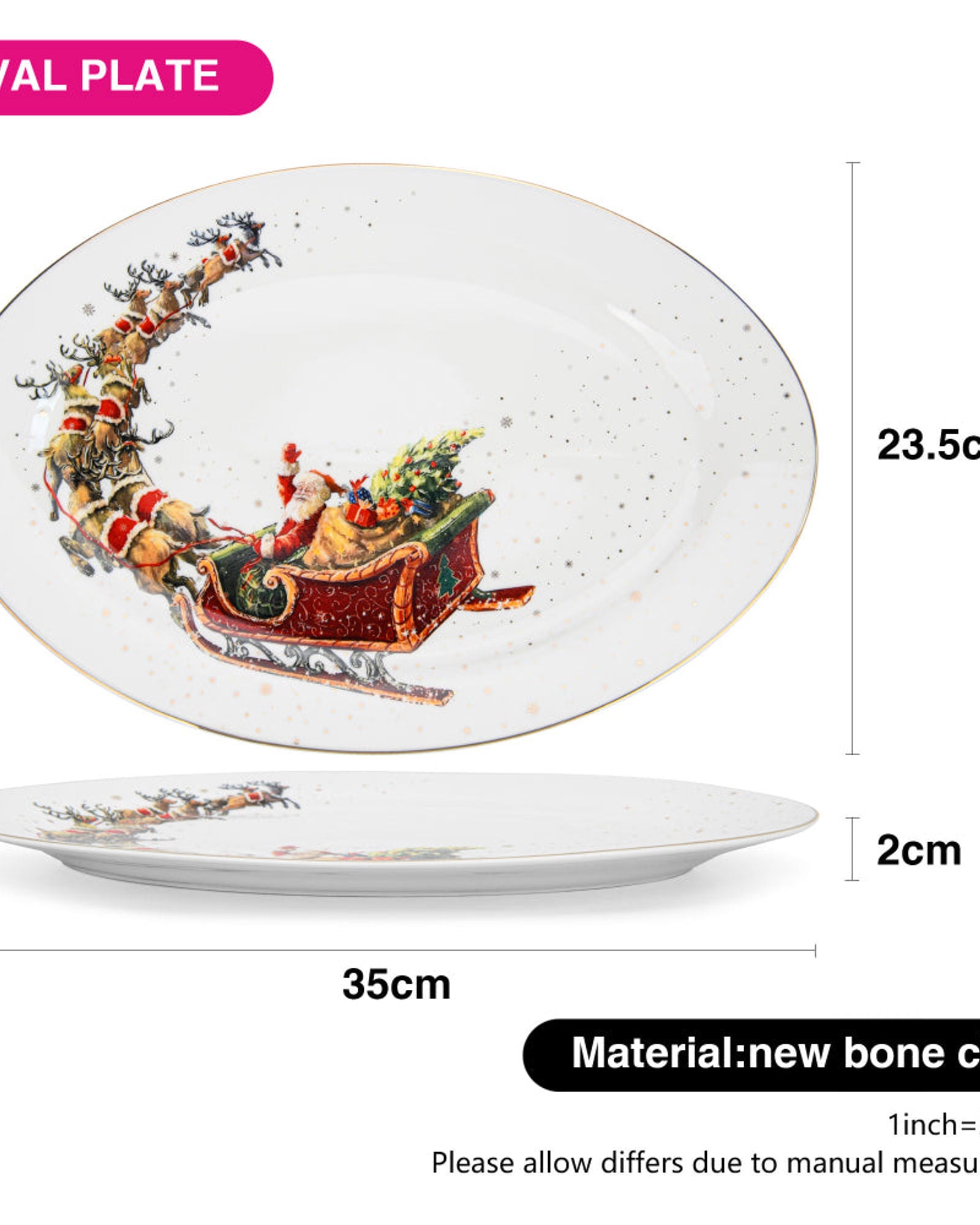 طبق بيضاوي من فيسمان لعيد الميلاد، ٣٥ سم، مصنوع من الخزف العظمي الجديد