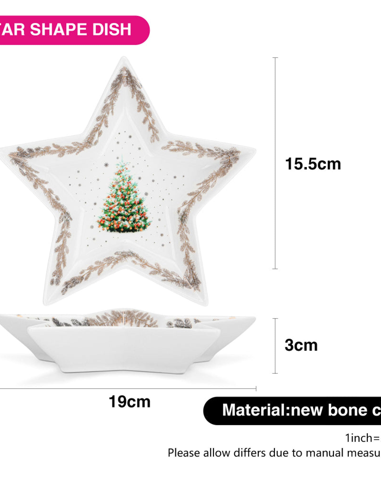 طبق فيسمان على شكل نجمة لعيد الميلاد، مقاس 19 سم، مصنوع من الخزف العظمي الجديد