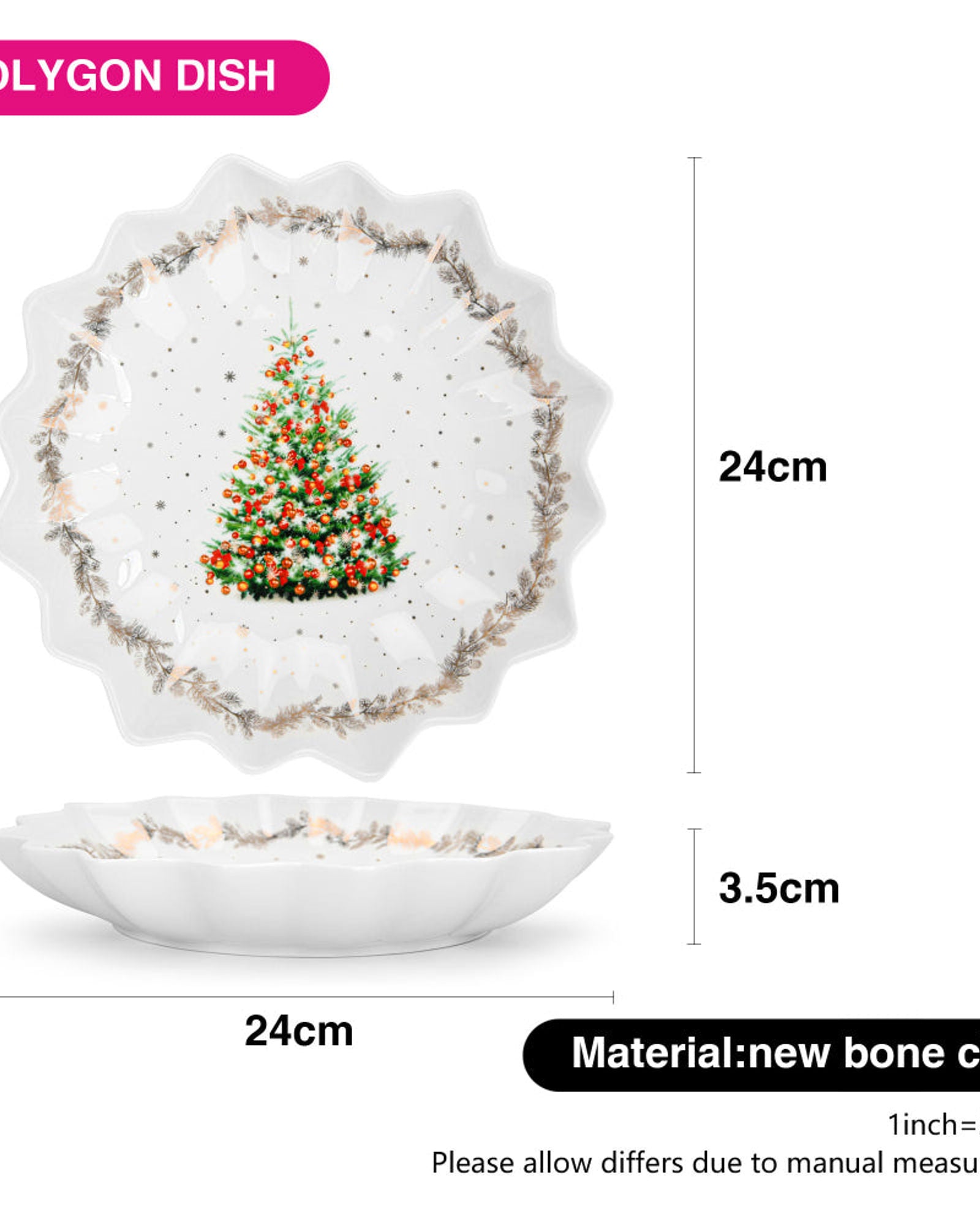 طبق فيسمان متعدد الأضلاع 24 سم من الخزف الصيني العظمي الجديد لعيد الميلاد