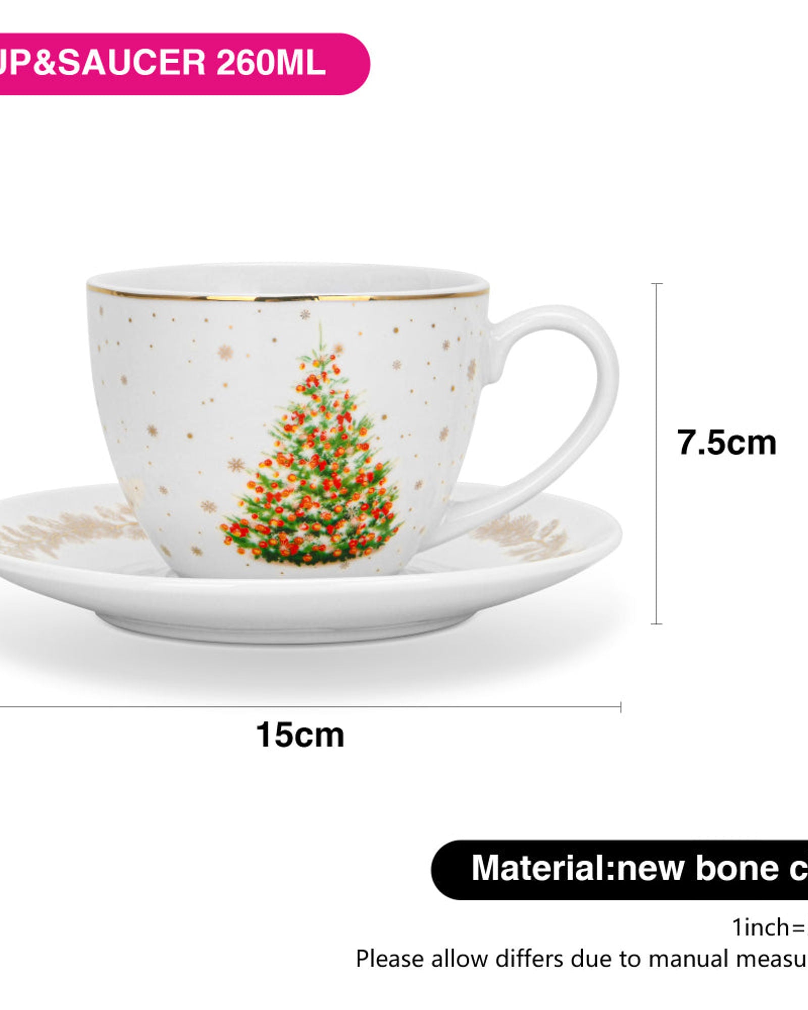 طقم أكواب وصحن من فيسمان، قطعتين، سعة 260 مل، مصنوع من الخزف العظمي الصيني الجديد لعيد الميلاد