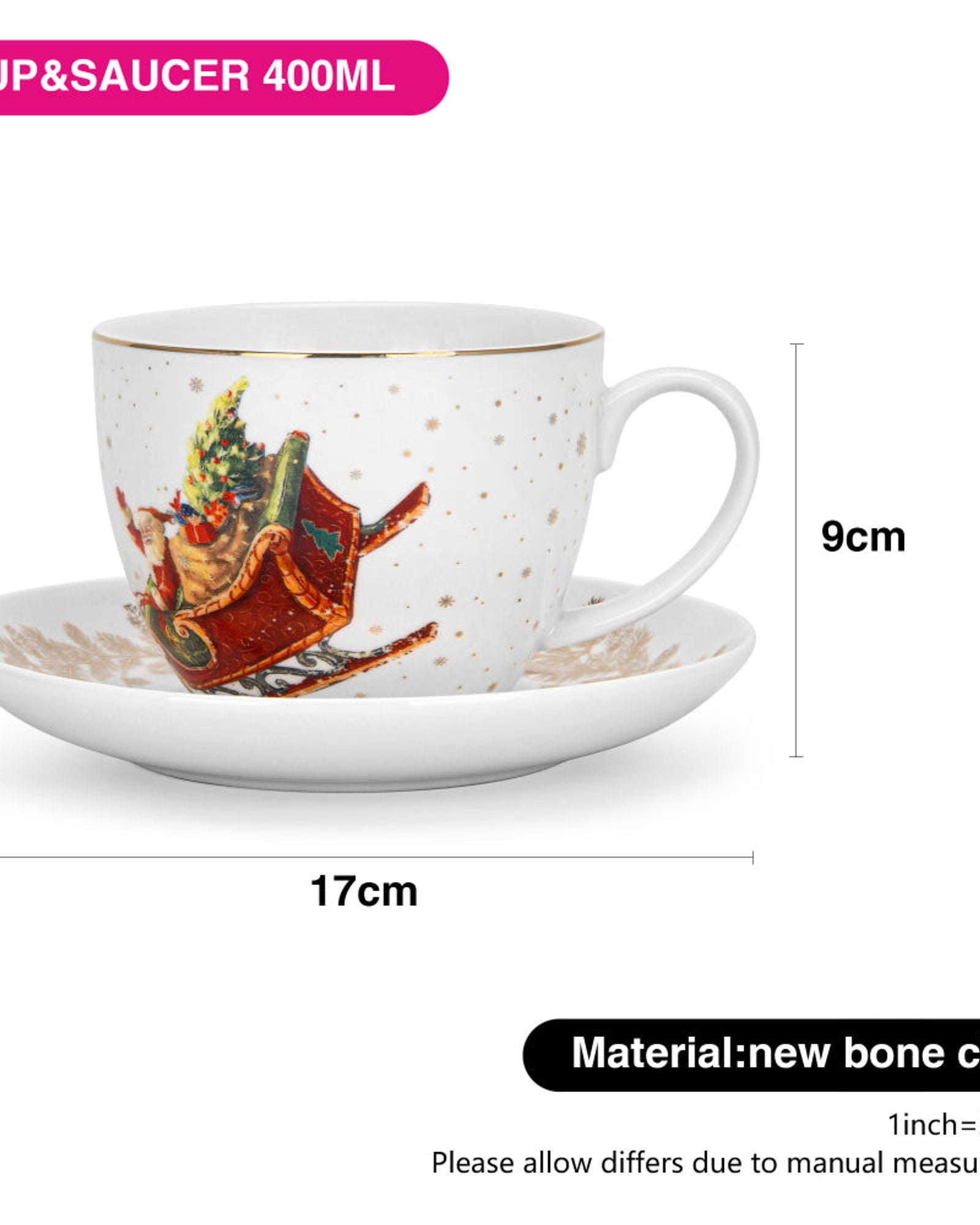 طقم أكواب وصحن من فيسمان، قطعتين، سعة 400 مل، مصنوع من الخزف العظمي الصيني الجديد لعيد الميلاد