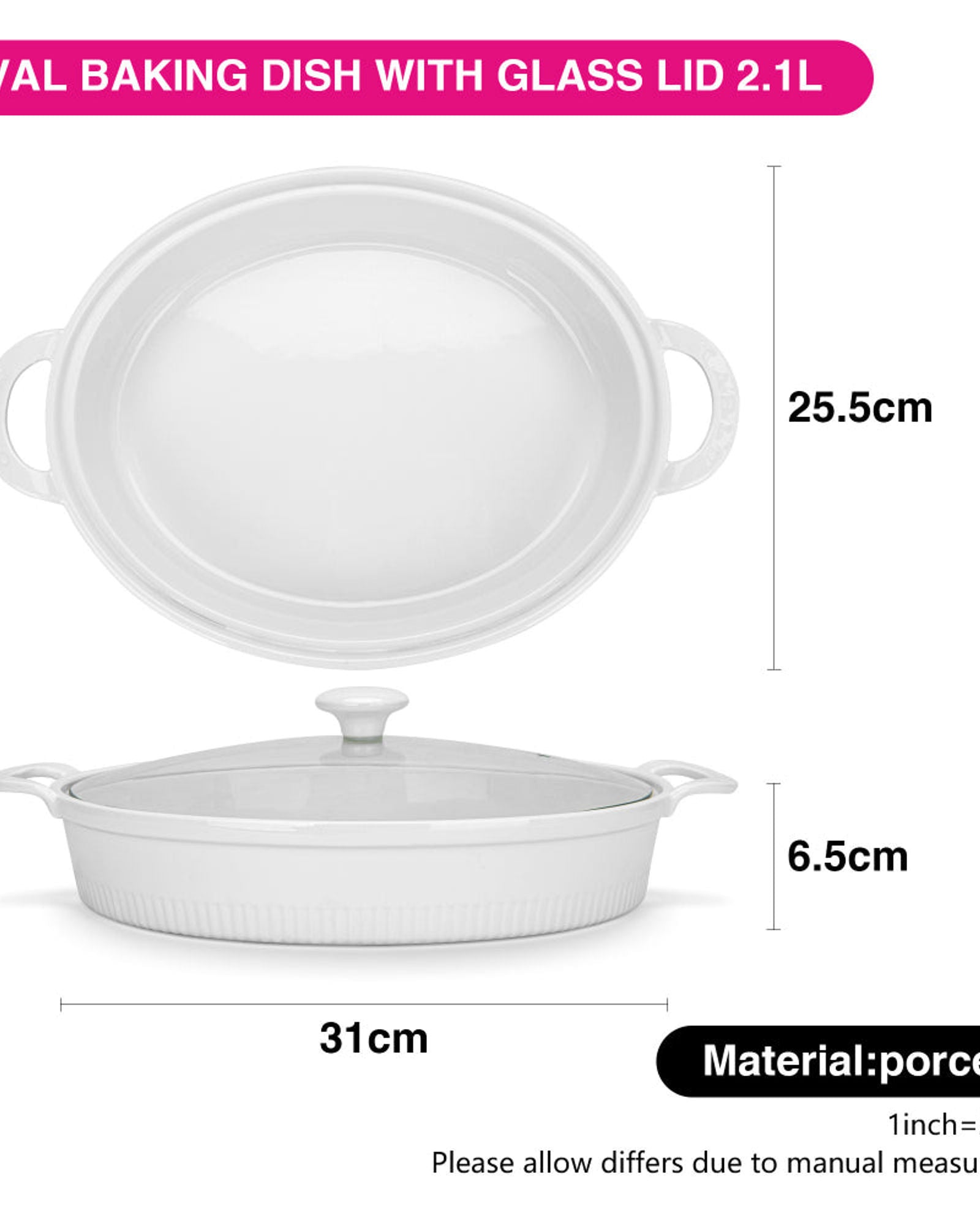 صينية خبز بيضاوية من فيسمان بغطاء زجاجي، 31 سم/2.1 لتر، بورسلين