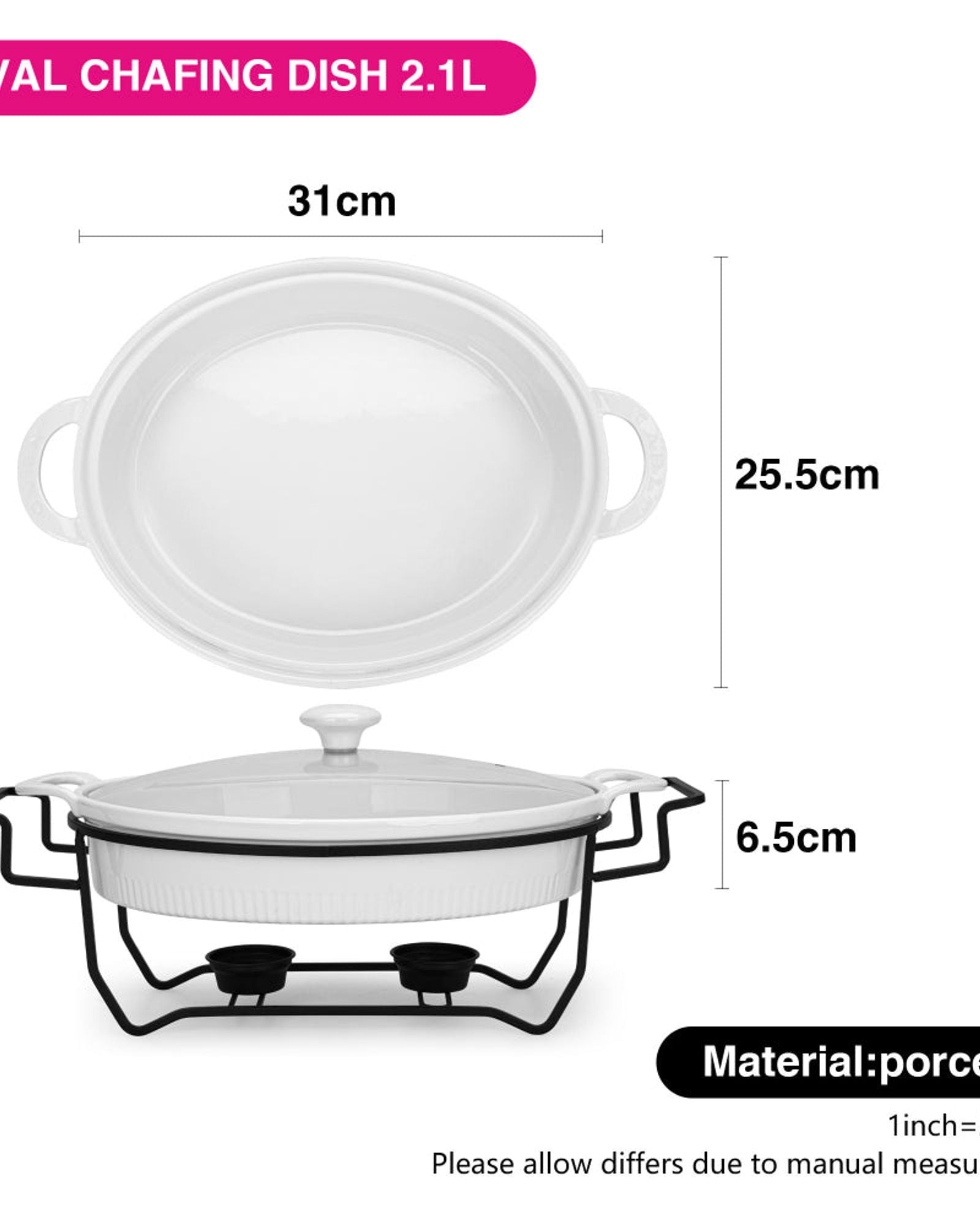 طبق تسخين بيضاوي من فيسمان، 31 سم، سعة 2.1 لتر، مع غطاء زجاجي (بورسلين)