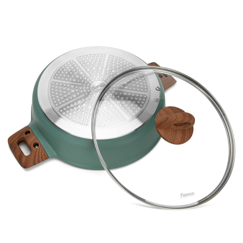 طاجن فيسمان بغطاء زجاجي وطبقة من الألومنيوم وقاعدة عميقة وحثية 28×7.2 سم/3.8 لتر، أخضر