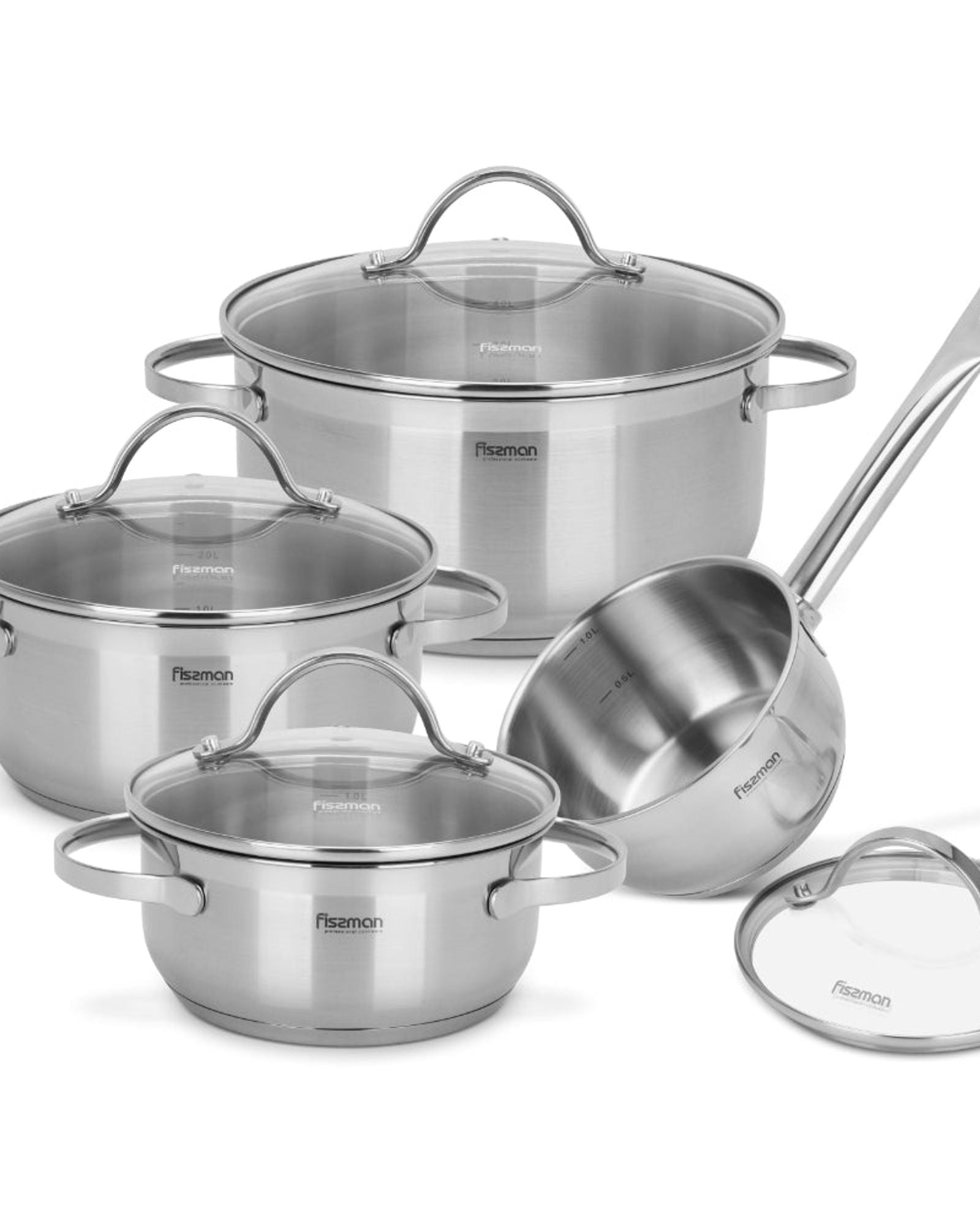 طقم أواني طهي فيسمان غابرييلا 8 قطع مع أغطية زجاجية من الفولاذ المقاوم للصدأ