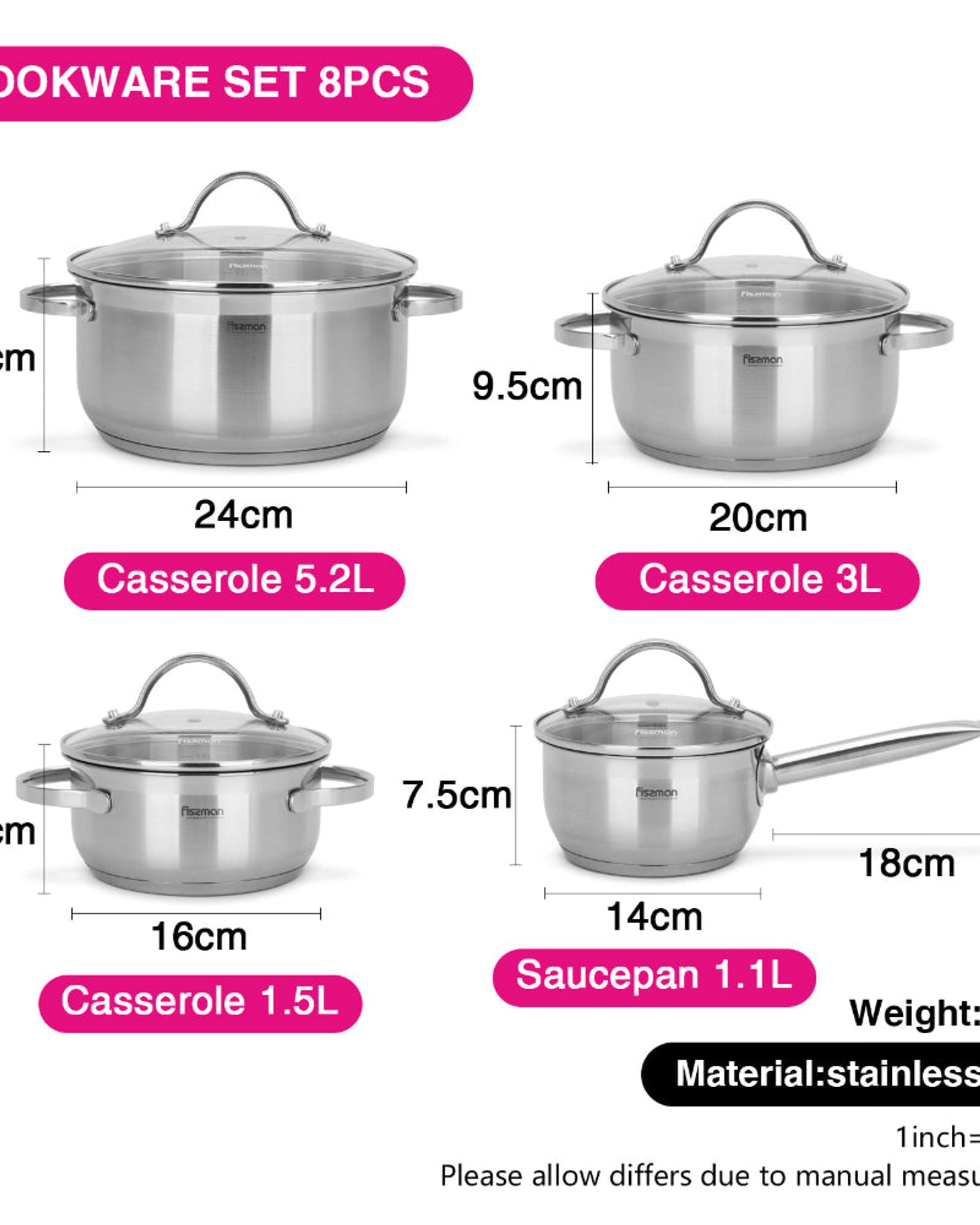طقم أواني طهي فيسمان غابرييلا 8 قطع مع أغطية زجاجية من الفولاذ المقاوم للصدأ