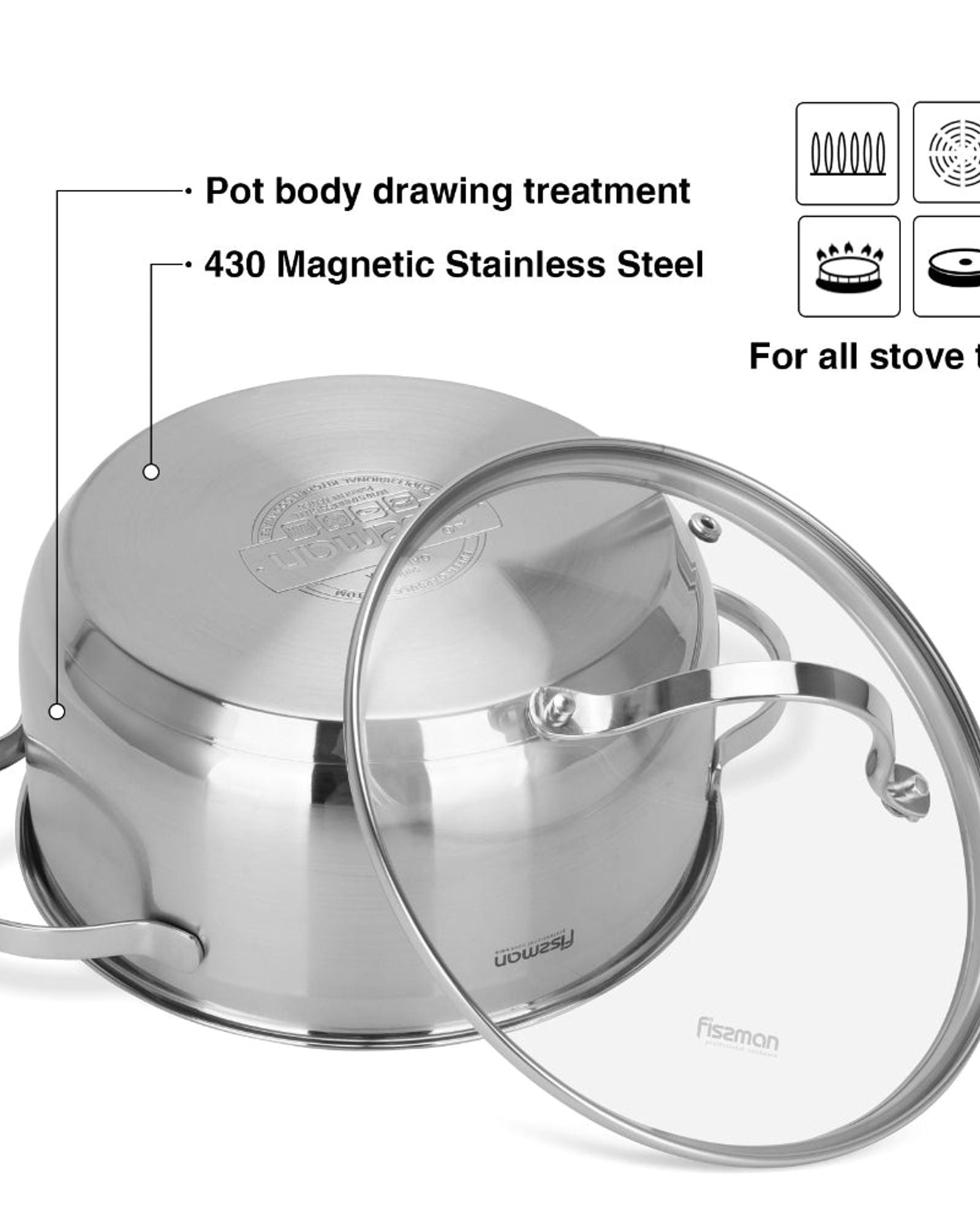 طقم أواني طهي فيسمان غابرييلا 8 قطع مع أغطية زجاجية من الفولاذ المقاوم للصدأ