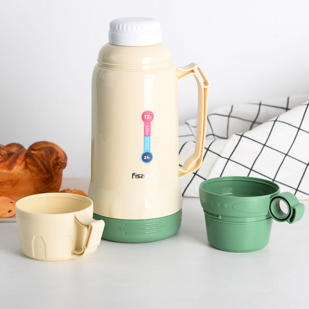 Fissman Thermo Flask 1000ml Beige And Green Color with Glass Liner Inside
