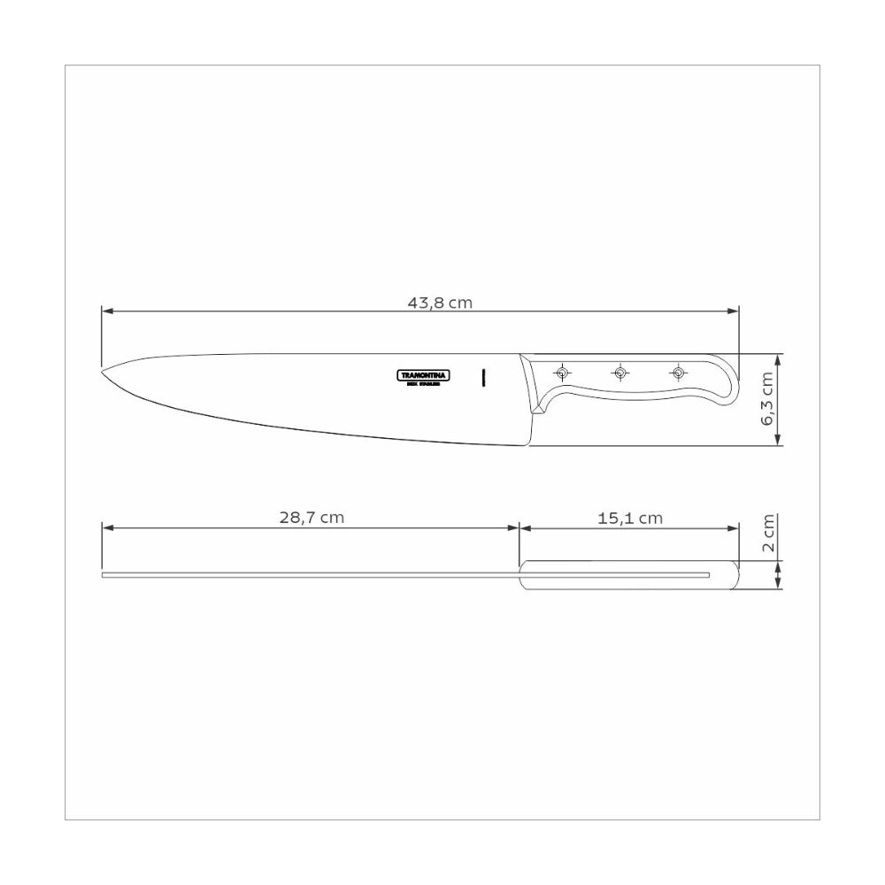 سكين مطبخ ترامونتينا، مصنوعة في البرازيل منذ عام 1911، بشفرة من الفولاذ المقاوم للصدأ ومقبض من الخشب الأحمر المعالج بالبولي، مقاس 12 بوصة