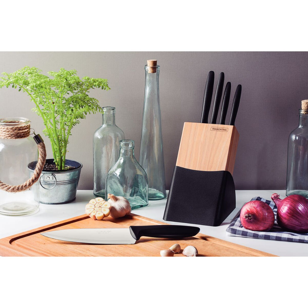 ترامونتينا منذ عام 1911، صنع في البرازيل، طقم سكاكين ترامونتينا بلينوس المكون من 6 قطع بشفرات من الفولاذ المقاوم للصدأ ومقابض من البولي بروبيلين الأسود وكتلة خشبية