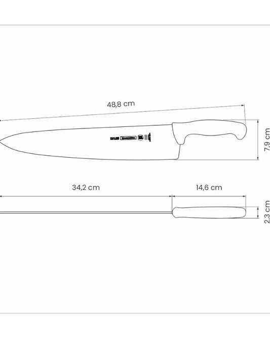 ترامونتينا منذ عام 1911، صنع في البرازيل. سكين لحوم احترافية من ترامونتينا مقاس 14 بوصة بشفرة من الفولاذ المقاوم للصدأ ومقبض من البولي بروبيلين الأصفر.