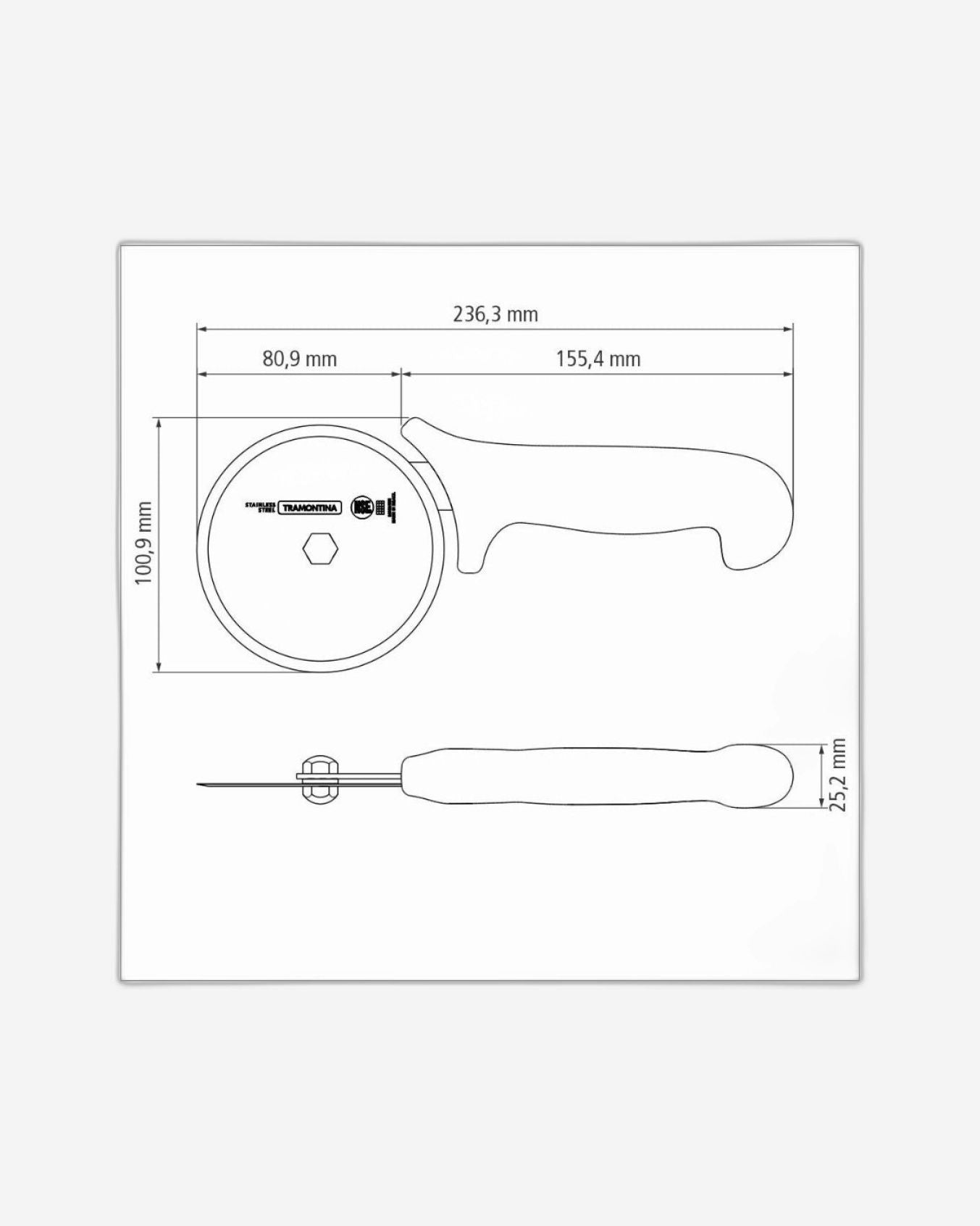 ترامونتينا منذ عام 1911، صنع في البرازيل، قطاعة بيتزا احترافية من ترامونتينا بشفرة من الفولاذ المقاوم للصدأ ومقبض من البولي بروبيلين الأبيض
