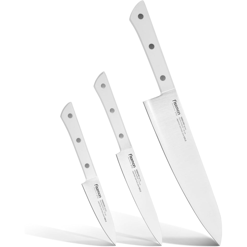 Fissman 3-Piece Japanese Knife Set - 8" Chef Knife, 5" Utility Knife, 4" Paring Knife - Stainless Steel 420J2 Kitchen Knife Set Yamazaki Series