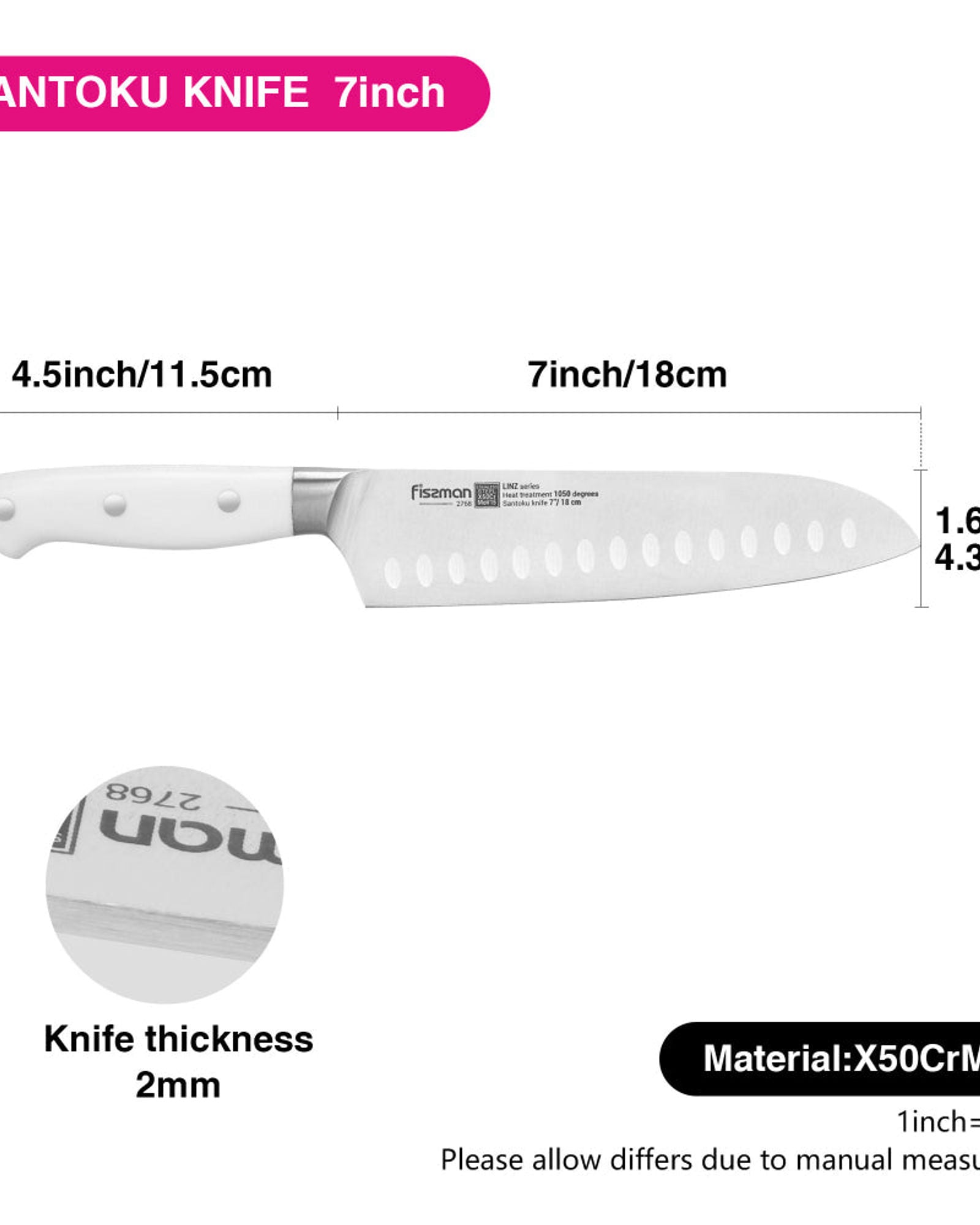 سكين سانتوكو 7 بوصة من فيسمان لينز (فولاذ X50Cr15MoV)