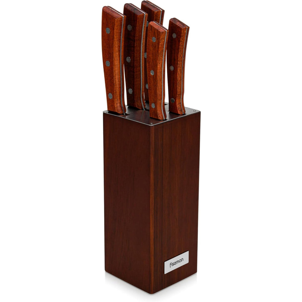 طقم سكاكين مطبخ فيسمان من 6 قطع مع كتلة خشبية، سكين طاهي من الفولاذ المقاوم للصدأ من سلسلة باسكوال، سكين تقطيع، سكين خبز، سكين متعدد الاستخدامات، سكين تقشير