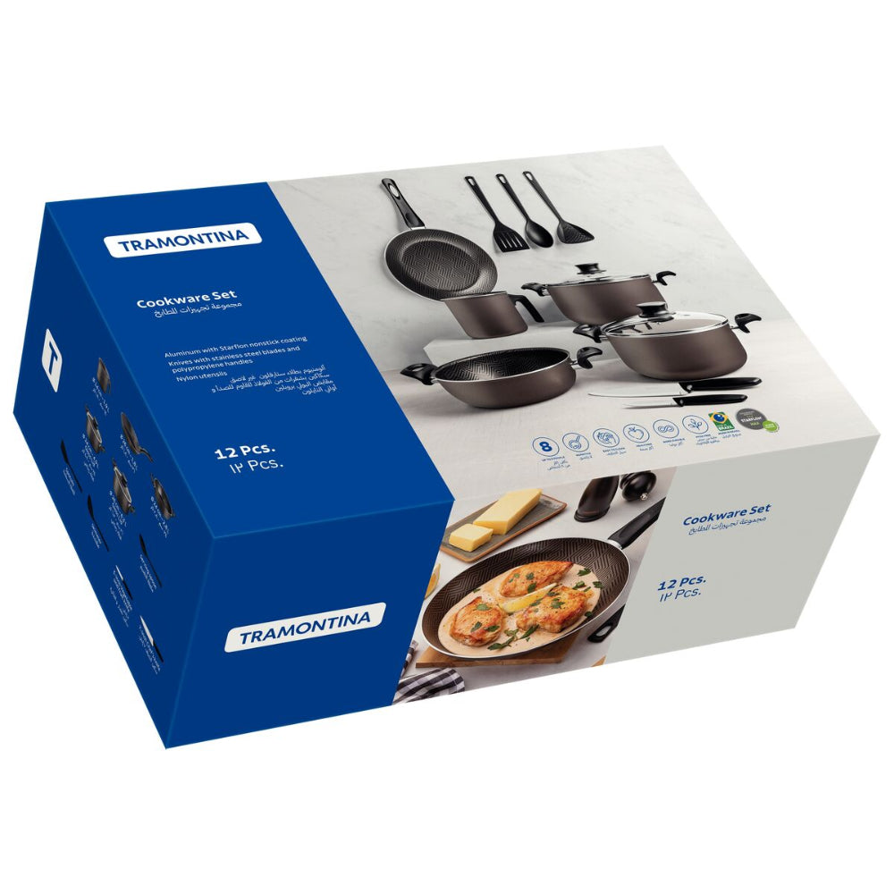 ترامونتينا منذ عام 1911، صنع في البرازيل، طقم أواني طهي من الألومنيوم بلون الرصاص من ترامونتينا باريس، مكون من 12 قطعة، مع طلاء ستارفلون ماكس غير اللاصق الداخلي والخارجي