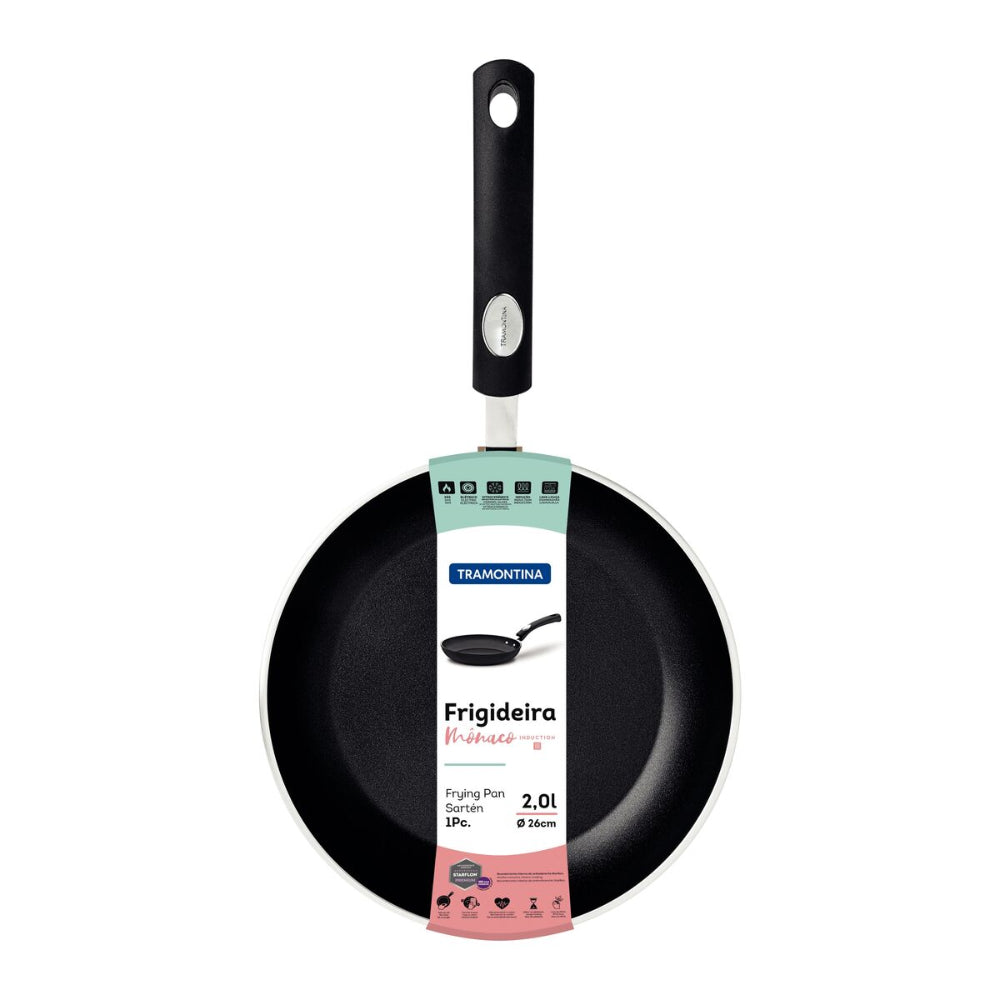 ترامونتينا منذ عام 1911، صنع في البرازيل، مقلاة ترامونتينا موناكو المصنوعة من الألومنيوم، مع طبقة داخلية وخارجية سوداء، طلاء ستارفلون الممتاز غير اللاصق، 26 سم، 2 لتر
