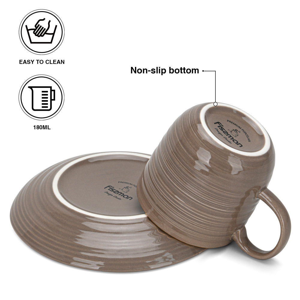أكواب فيسمان فيرمينا براون، قطعتان، سعة 180 مل، مع صحون، صينية عظمية جديدة