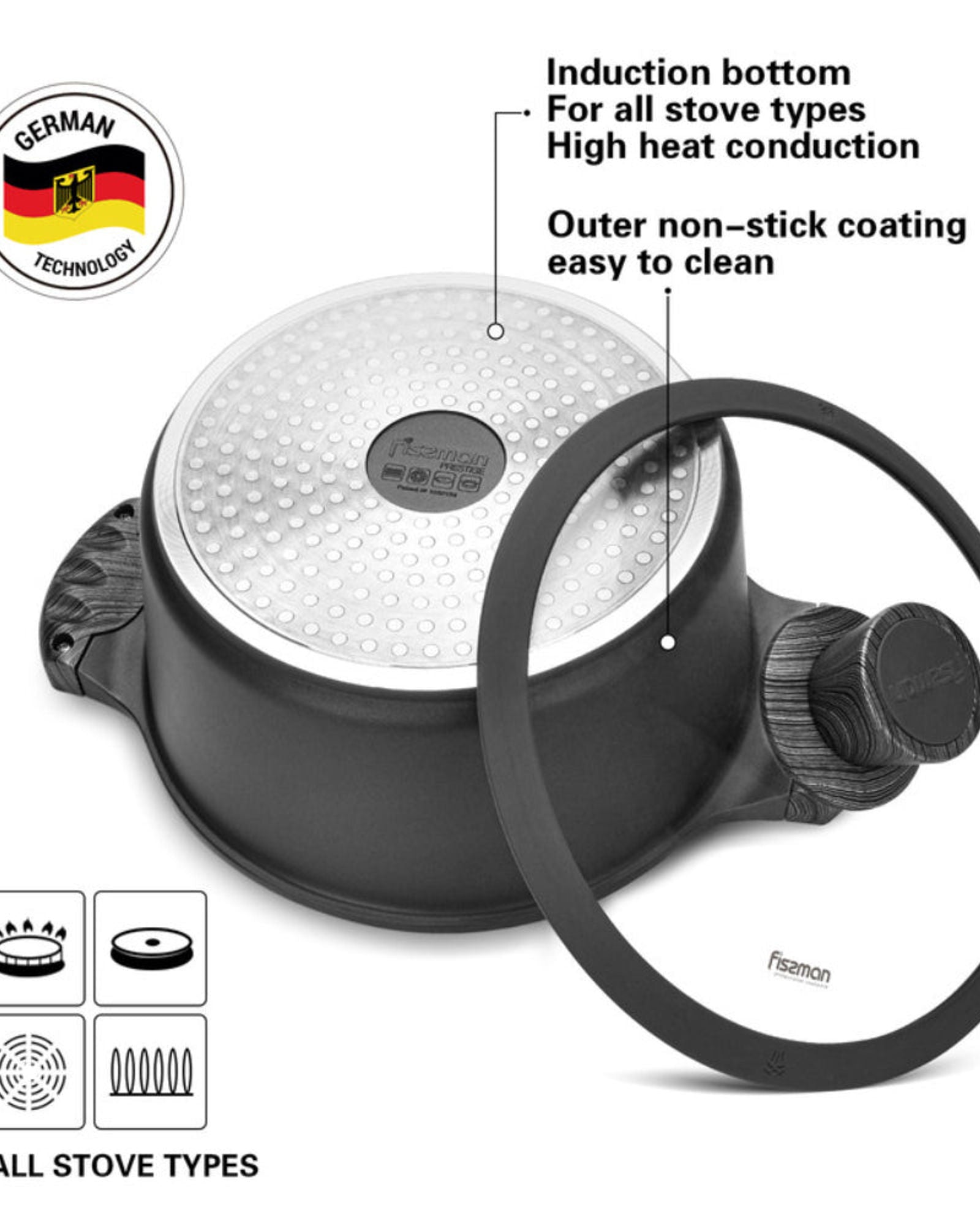 قدر فيسمان ستوك بوت 24 سم/4.3 لتر مع غطاء زجاجي من الألومنيوم وقاعدة حثية وطلاء غير لاصق من سلسلة بريستيج