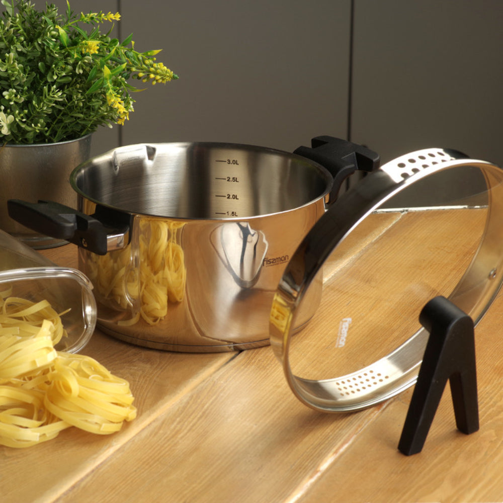 غطاء زجاجي من فيسمان، 20 سم/3.3 لتر، سلسلة إليز، مصنوع من الفولاذ المقاوم للصدأ، مزود بفوهة تصريف سفلية تعمل بالحث، ومقبض من الباكليت، ومقياس قياس