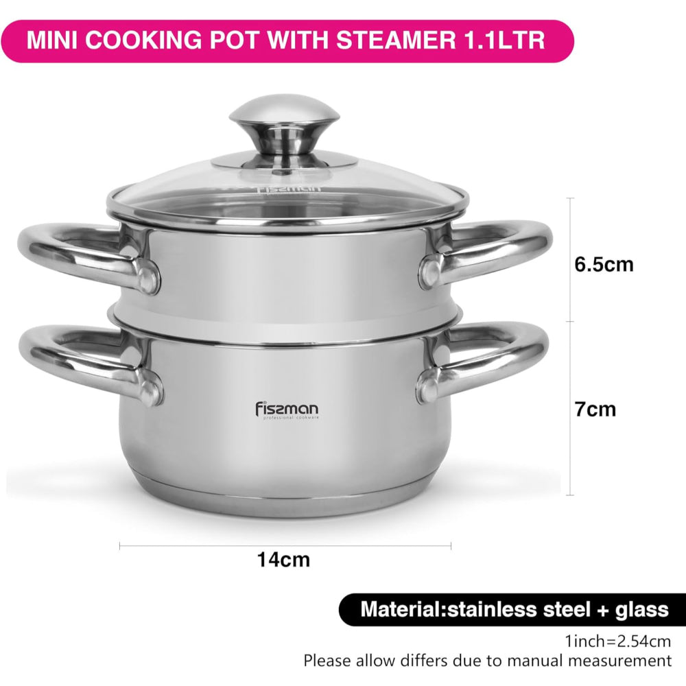 وعاء طهي صغير من الفولاذ المقاوم للصدأ من فيسمان جاليفر 14 سم/1.1 لتر مع ملحق بخار 14 سم مع غطاء زجاجي