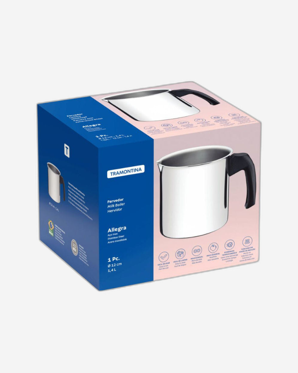 ترامونتينا منذ عام 1911، صنع في البرازيل، غلاية حليب ترامونتينا أليجرا من الفولاذ المقاوم للصدأ بمقبض من الباكليت، 12 سم، 1.4 لتر