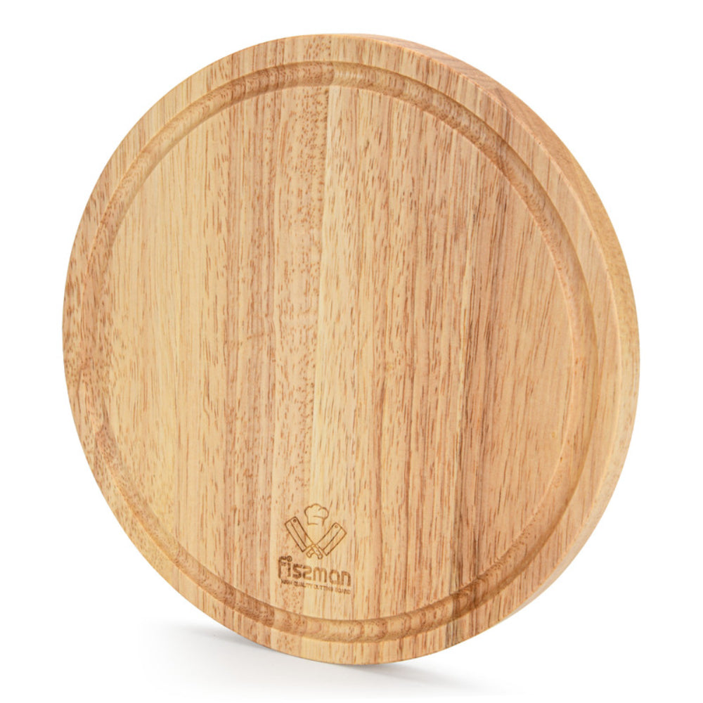 Fissman Round Cutting Board 25cm Hevea Wood Chopping Board 1.5cm Thick | Wooden Cutting Board with Juice Groove