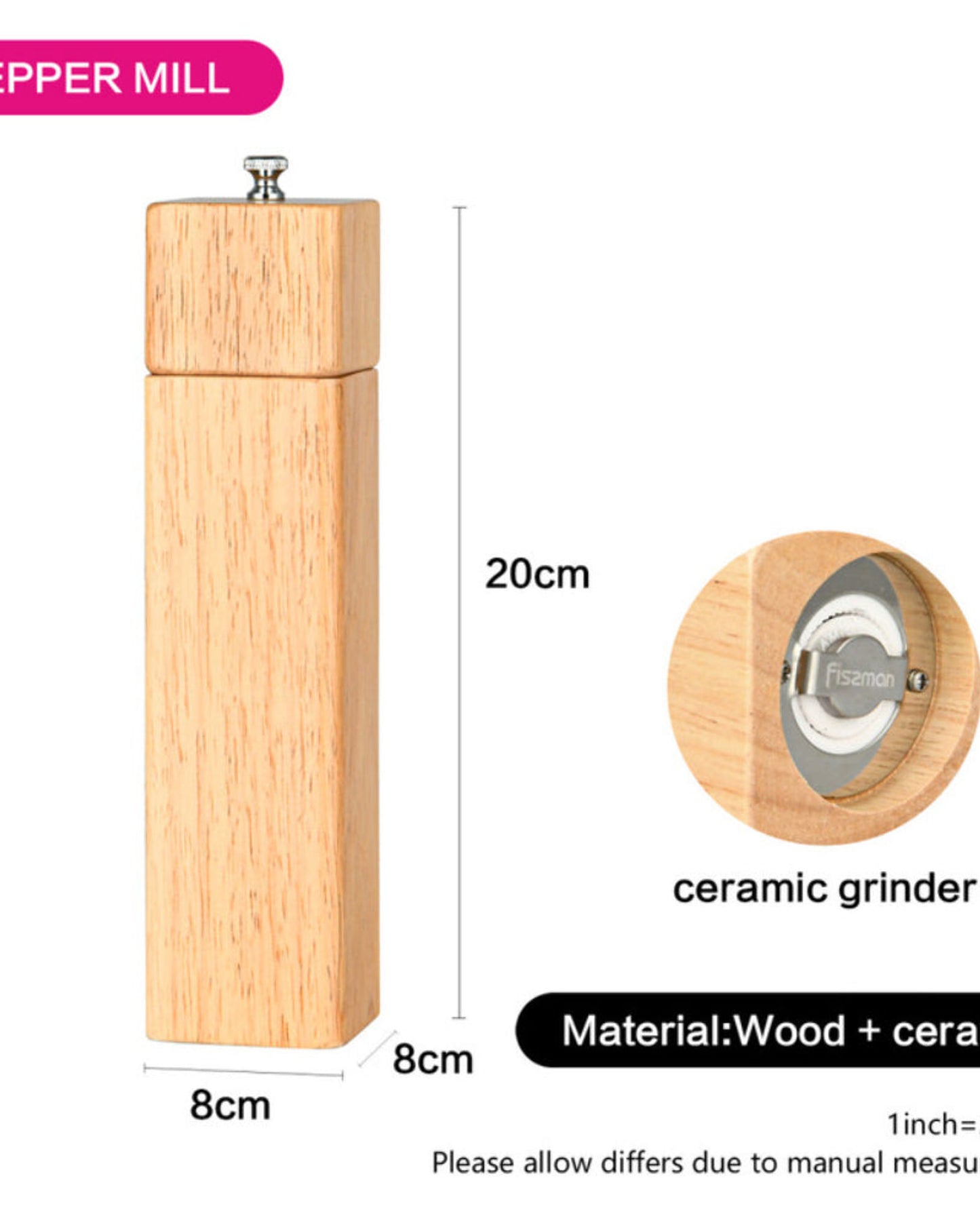 مطحنة فلفل مربعة الشكل من فيسمان، لون بيج، 21.5 × 5 سم