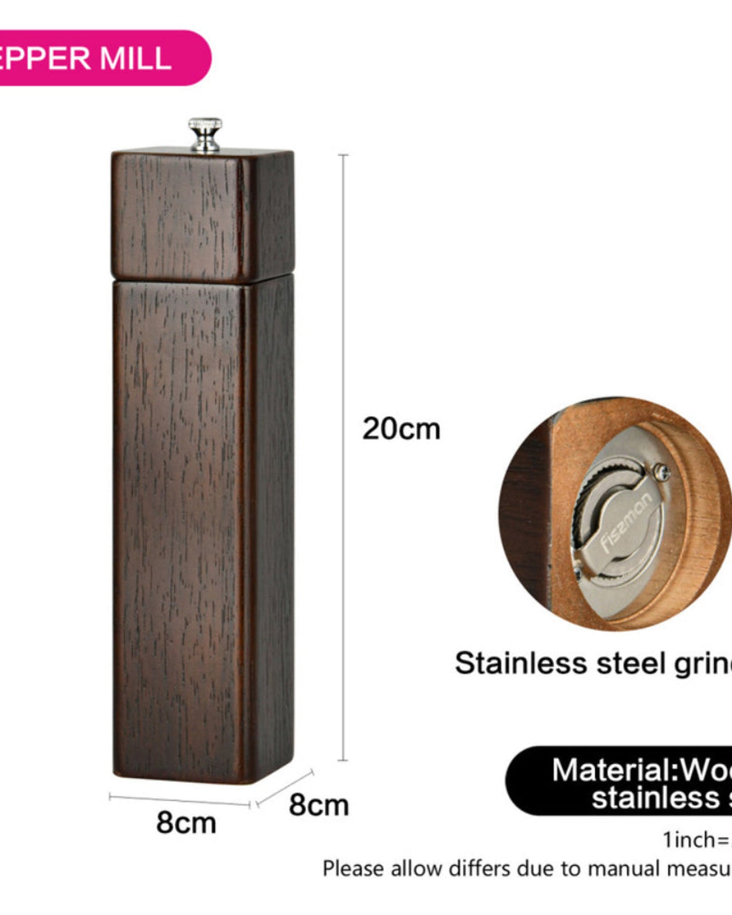 مطحنة فلفل مربعة الشكل من فيسمان، لون بني غامق، 21.5 × 5 سم