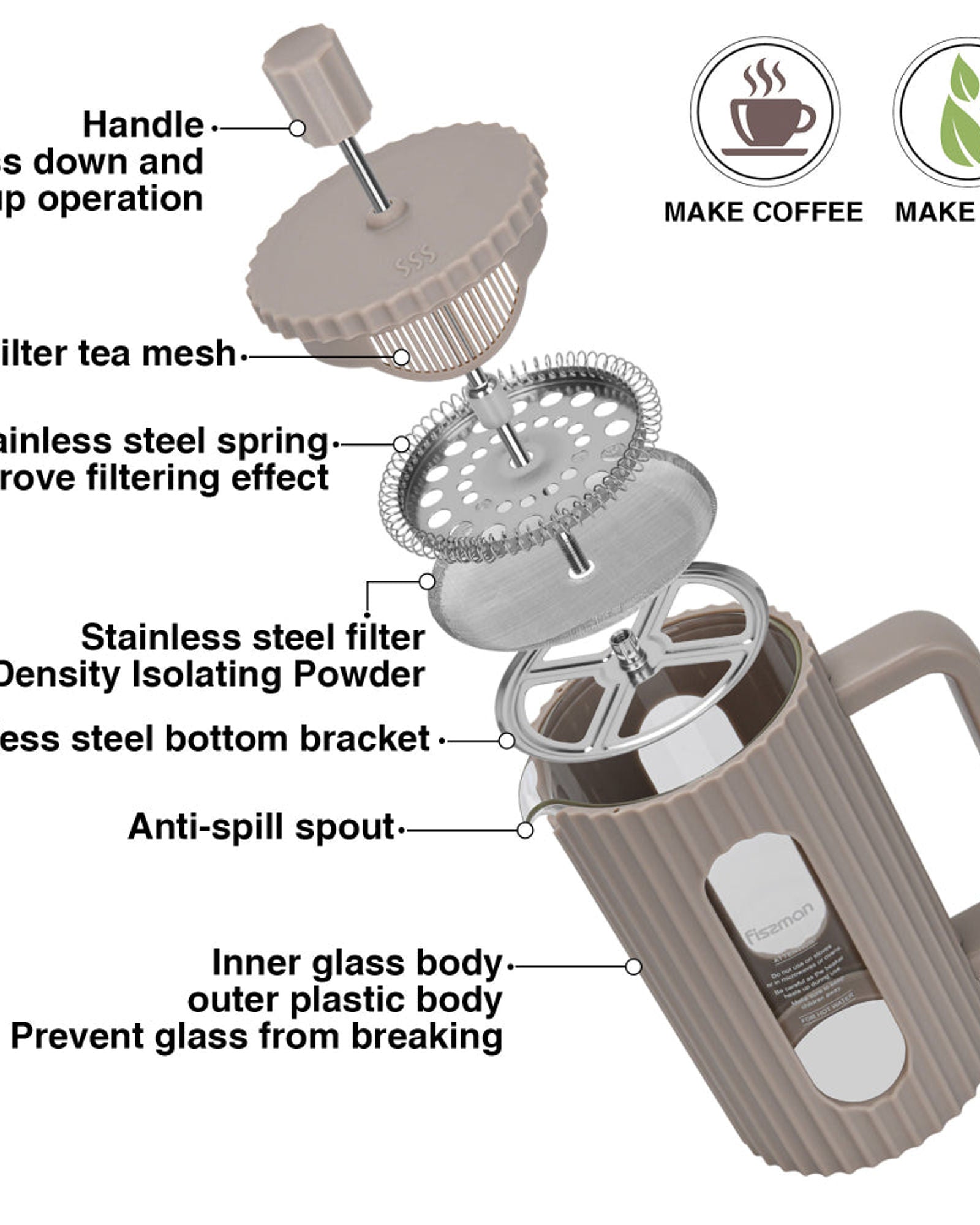 ماكينة تحضير القهوة الفرنسية من فيسمان، سعة 350 مل (زجاج بوروسيليكات)