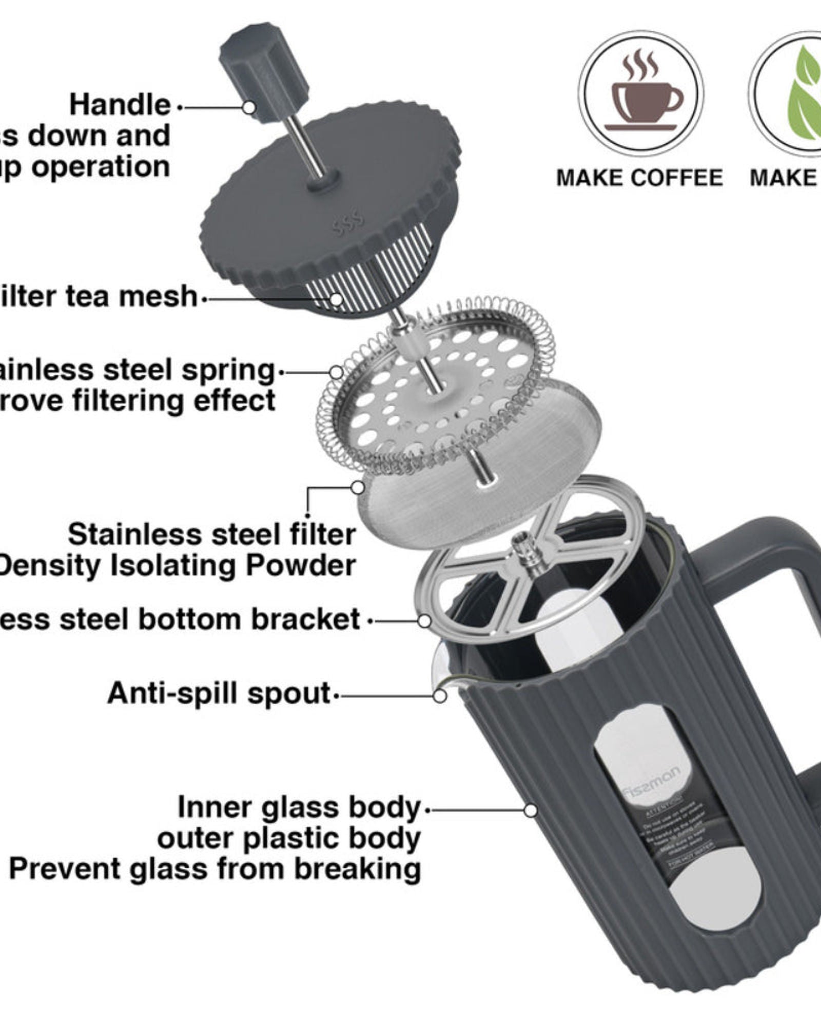 ماكينة تحضير القهوة الفرنسية من فيسمان، سعة 350 مل، مصنوعة من زجاج البورسليكات