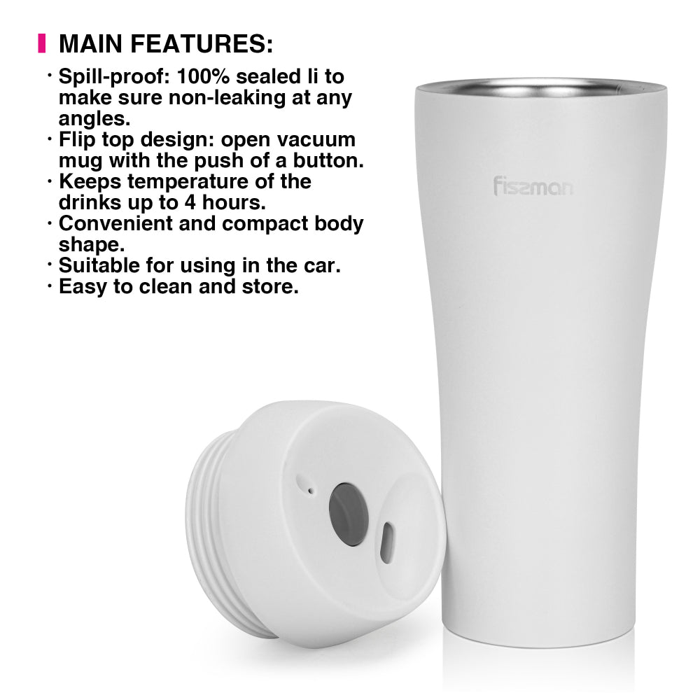 كوب سفر فيسمان مزدوج الجدار مفرغ من الهواء، 420 مل، لون أبيض من الفولاذ المقاوم للصدأ