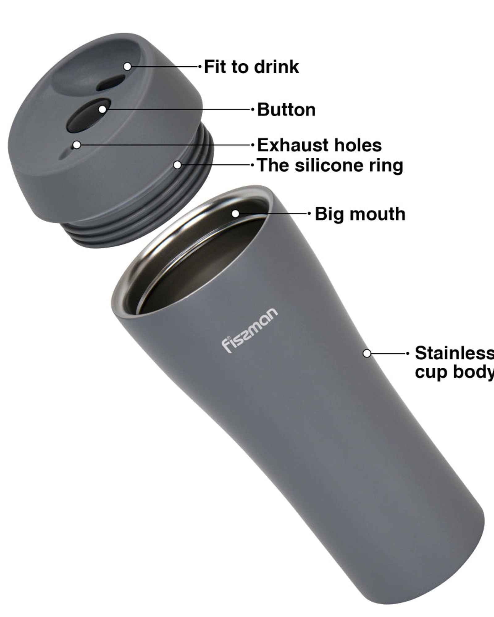 كوب سفر فيسمان مزدوج الجدار مفرغ من الهواء، 420 مل، لون رمادي من الفولاذ المقاوم للصدأ