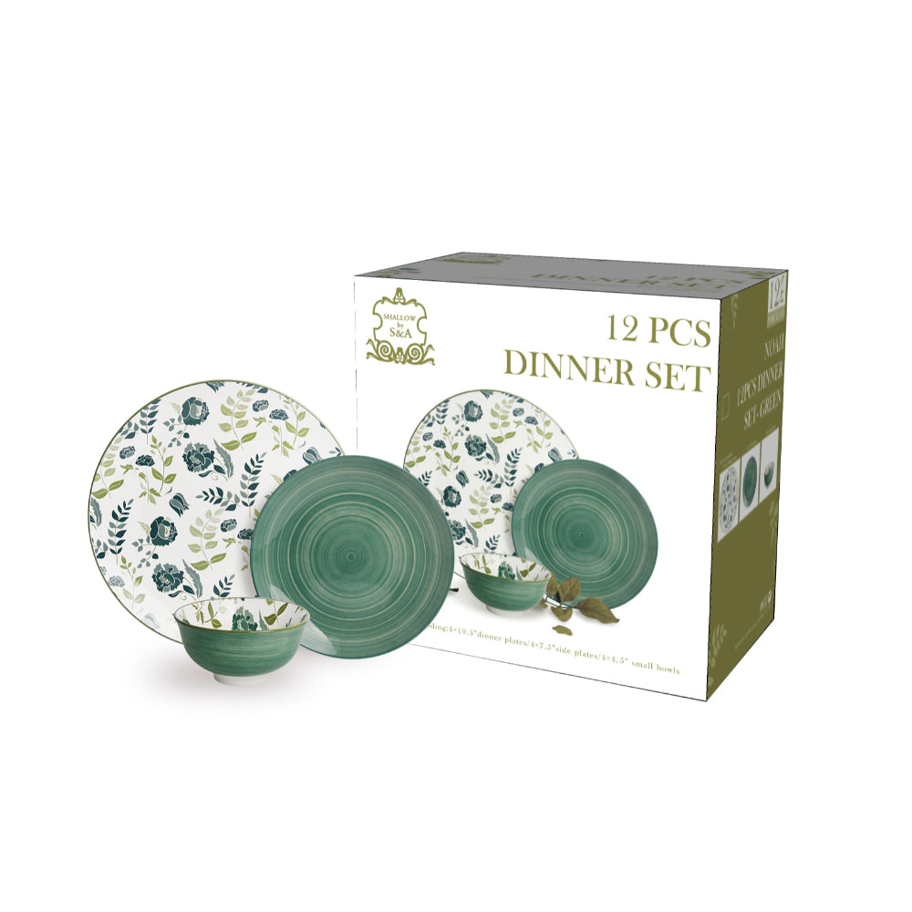 Shallow Porcelain Noah Dinner Set, 12 Pieces, Green, (4 Dinner Plates, 4 Side Plates, 4 Small Bowl)