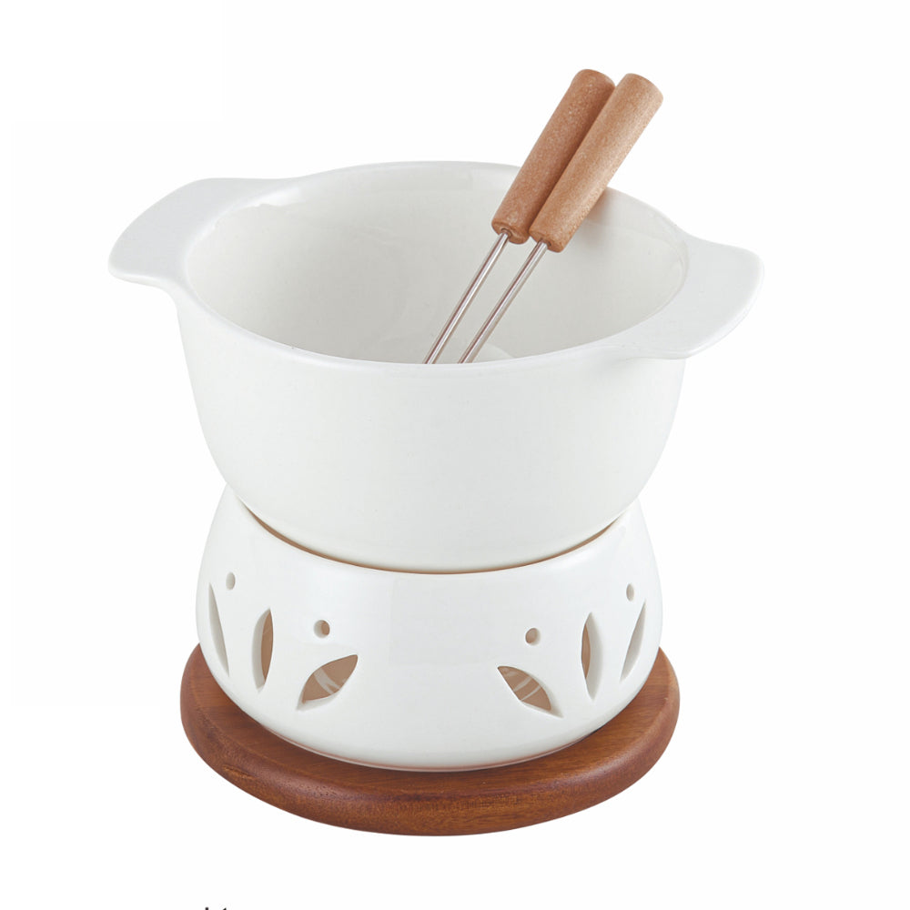 Shallow Acacia Wood Porcelain with Stainless Steel Single 4 Pieces Fondue Set, White & Brown, 16cm