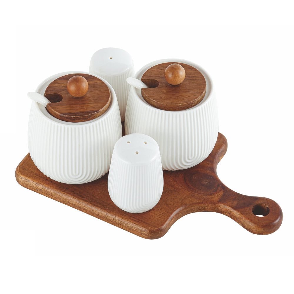 Shallow Acacia Wood Porcelain 4 Pieces Condiment Set, White & Brown