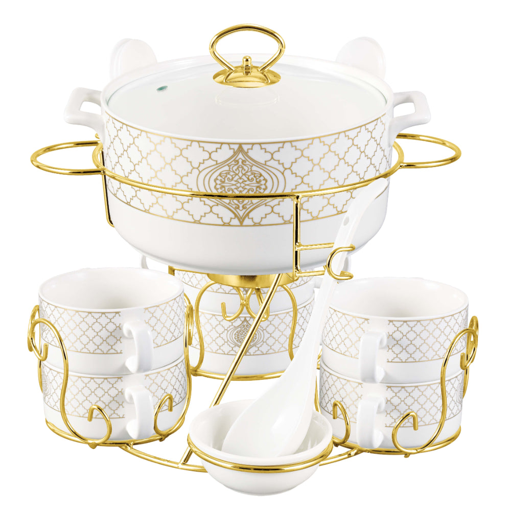 Shallow Badr 17 Piece Soup Set with Gold Stand - Luxurious White Porcelain